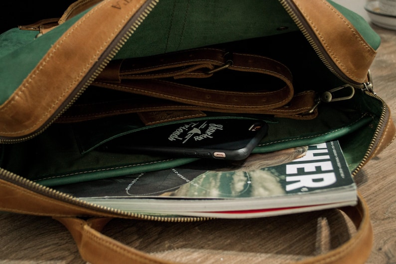 Briefcase Bag With Zipper, Leather Briefcase Laptop, Leather Office Bag For Man, Green Laptop Bag women 17 inch,Leather Messenger Bag Laptop image 7