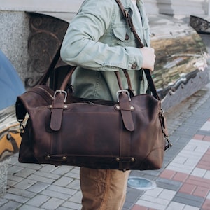 Monogrammed Genuine Leather Duffle Bag For Men, Custom Travel Bag, Personalized Mens Weekender Bag, Overnight Bag as a Groomsmen Gift Men