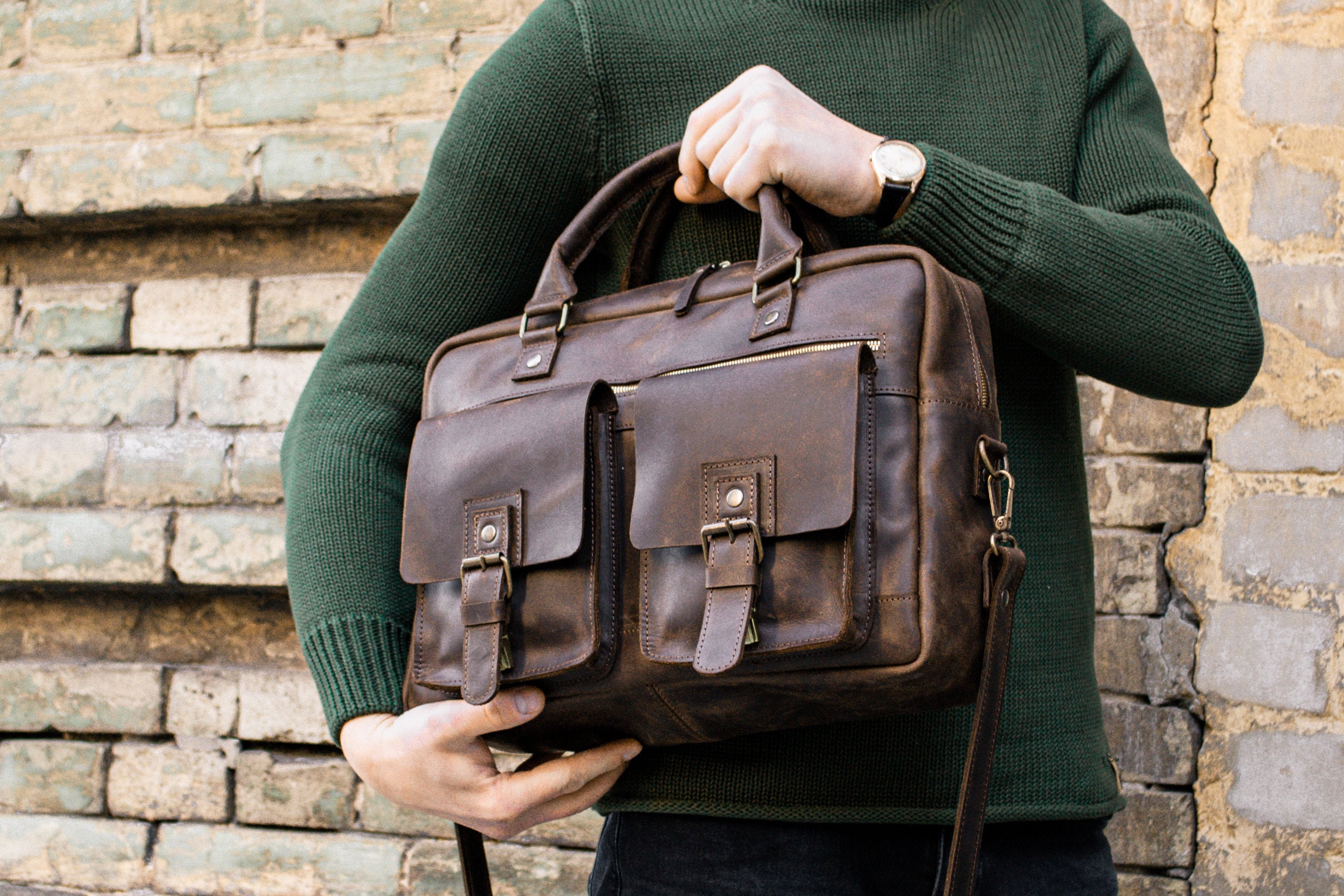 Leather briefcase Mens gift Leather satchel Laptop bag | Etsy