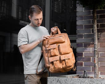 Leather Laptop Backpack for Men, Brown Leather Travel Backpack, Personalized Large Backpack with Pockets, Leather Gift for Him