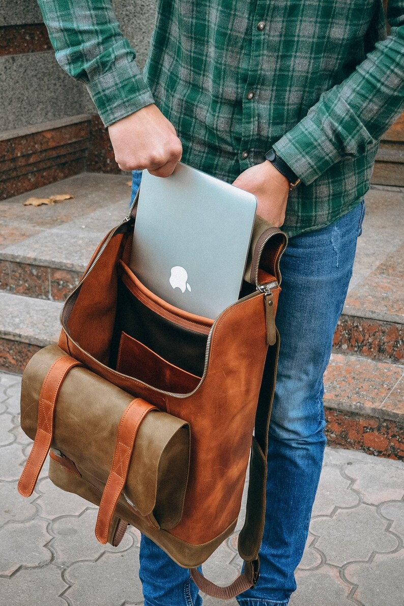 Rugzak voor heren, leren handgemaakte rugzak voor op reis, laptoprugzak voor werk, gepersonaliseerde schoolrugzak, handgemaakte leren tas afbeelding 7