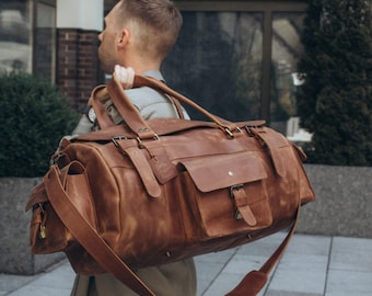 Personalized Leather Duffle Bag, Handmade Weekender Travel Bag for Men, Overnight Carry On Gym Luggage Gift, Men's Travel Bag