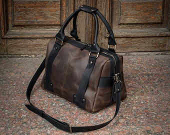 Handmade Leather Duffle Bag, Personalized Travel Weekender with Laser Engraving, Custom Leather Carry On, Overnight Bag for Men Gift for Him