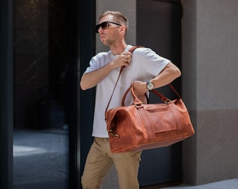 Bolso de lona de cuero con monograma, bolso de fin de semana vintage de cuero de grano completo para esposo