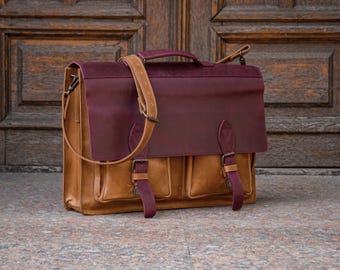 Leather Satchel Bag, Personalized Briefcase for Men, Gift for him, Leather Laptop Bag with Laser Engraving, Handmade Shoulder Bag for Men