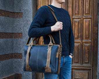 Leather Laptop Bag for Men, Mens Leather Briefcase for Work, Custom Office Messenger Bag with Laser Engraved Text, Personalized Gift for Him
