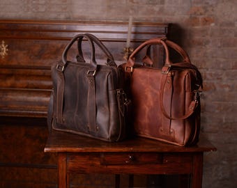 Laser Engraved Leather Briefcase, Handmade Messenger Laptop Bag, Personalized Leather Work Bag, Professional Business Satchel for Men