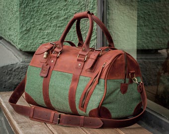 Borsa da viaggio in pelle e tela fatta a mano, borsone da viaggio personalizzato per uomo, regalo bagaglio a mano per la notte, borsa da viaggio in tela