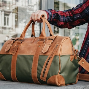 Duffle Bag Waxed Canvas, Leather Weekender Bag for men, Men&#39;s Duffel Bag with Laser Engraving, Canvas Gym Bag, Personalized Leather Handbag
