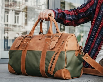 Duffle bag waxed canvas, Leather weekender bag men, Canvas bag, Mens duffle bag, Travel bags for men, Canvas weekender bag,Weekend bag women