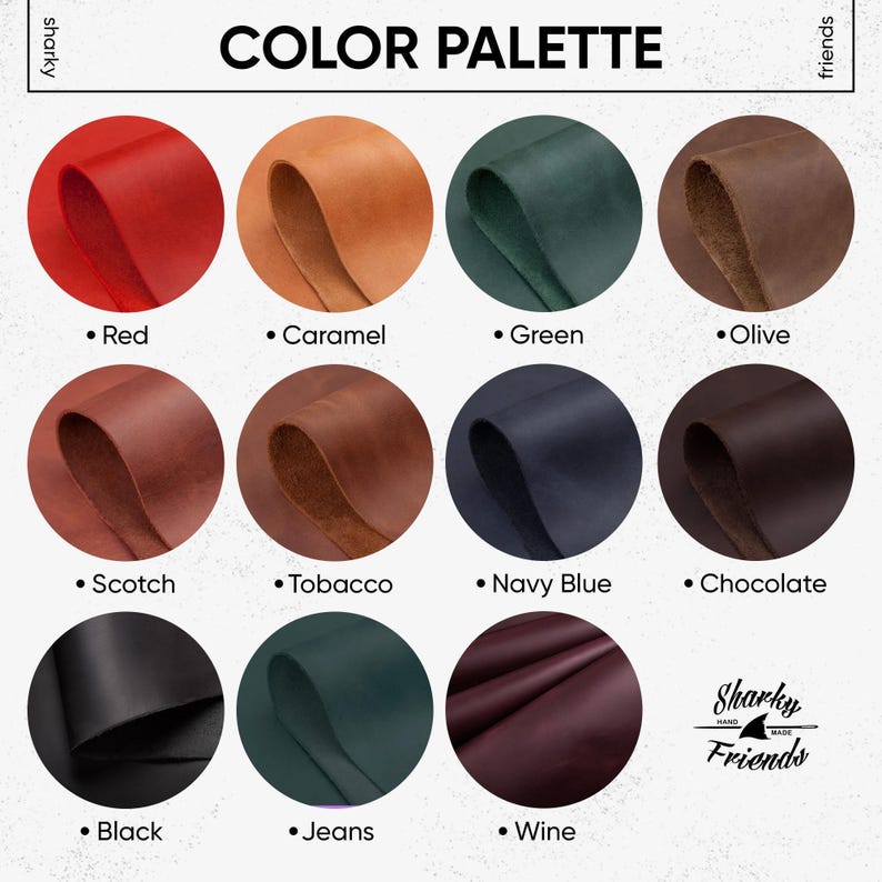 The image is a color palette featuring various leather colors, including red, caramel, green, olive, scotch, tobacco, navy blue, chocolate, black, jeans, and wine.