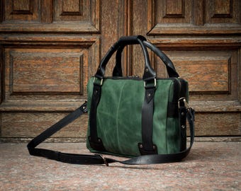 Leather Messenger Bag for Men, Custm Engraving Leather Briefcase, Men's Shoulder Bag, Work Bag Briefcase, Laptop Bag Women, Green Satchel