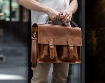 Personalized Leather Laptop Bag, Business Briefcase, Crazy Horse Messenger Bag, Office Satchel, Travel Work Bag
