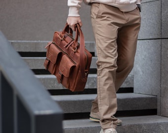 Back to School Leather Satchel for Men, 17" Laptop Messenger Bag with Custom Engraving, Teacher or Professor Gift, Vintage Briefcase