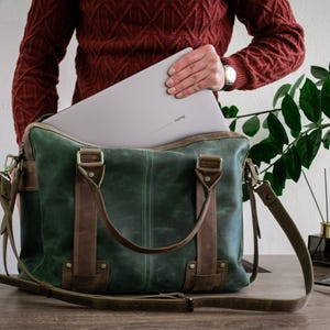Briefcase Bag With Zipper, Leather Briefcase Laptop, Leather Office Bag For Man, Green Laptop Bag women 17 inch,Leather Messenger Bag Laptop image 4