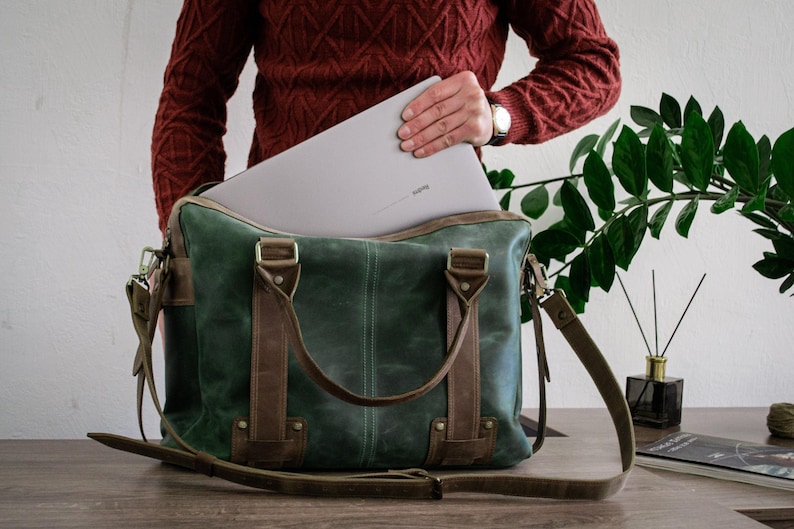 Briefcase Bag With Zipper, Leather Briefcase Laptop, Leather Office Bag For Man, Green Laptop Bag women 17 inch,Leather Messenger Bag Laptop image 4