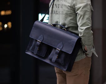 Leather Laptop Bag for Men, Engraved Messenger Bag for Work, Personalized Leather Briefcase, Anniversary Gift for Husband