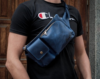 Handmade Leather Belt Bag, Hip Bag with Pouch, Mens Crossbody Bag, Handmade Leather Fanny Pack, Rave Bag as a Gift for Him