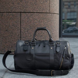 Black Leather and Canvas Duffle Bag, Custom Duffel Bag, Men's Weekender Bag, Large Leather Travel Bag with Engraving, Personalized Mens Bag