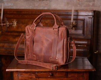 Laser Engraved Leather Briefcase, Handmade Messenger Laptop Bag