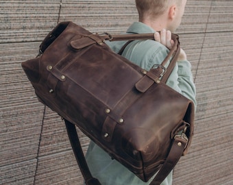 Personalized Brown Leather Duffle Bag for Men, Handmade Weekender Travel Bag, Overnight Carry-On Luggage, Travel Accessory Gift for Men