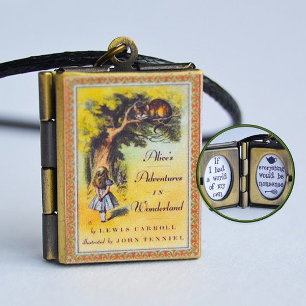 Alice's Adventures in Wonderland Miniature Book Locket (custom quote inside) Charm Keychain Brooch Ring Bracelet Choker Pendant Necklace