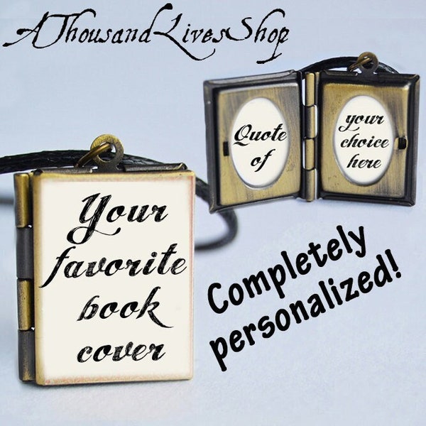 Personalized Miniature Book Locket (quote inside) Charm Keychain Brooch Ring Bracelet Choker Pendant Necklace - Customizable Jewelry