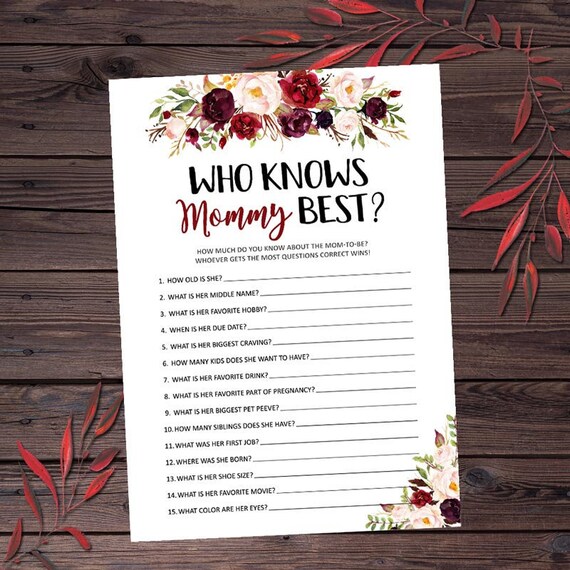 Floral Baby Shower Game Printable Who Knows Mommy Best Marsala | Etsy