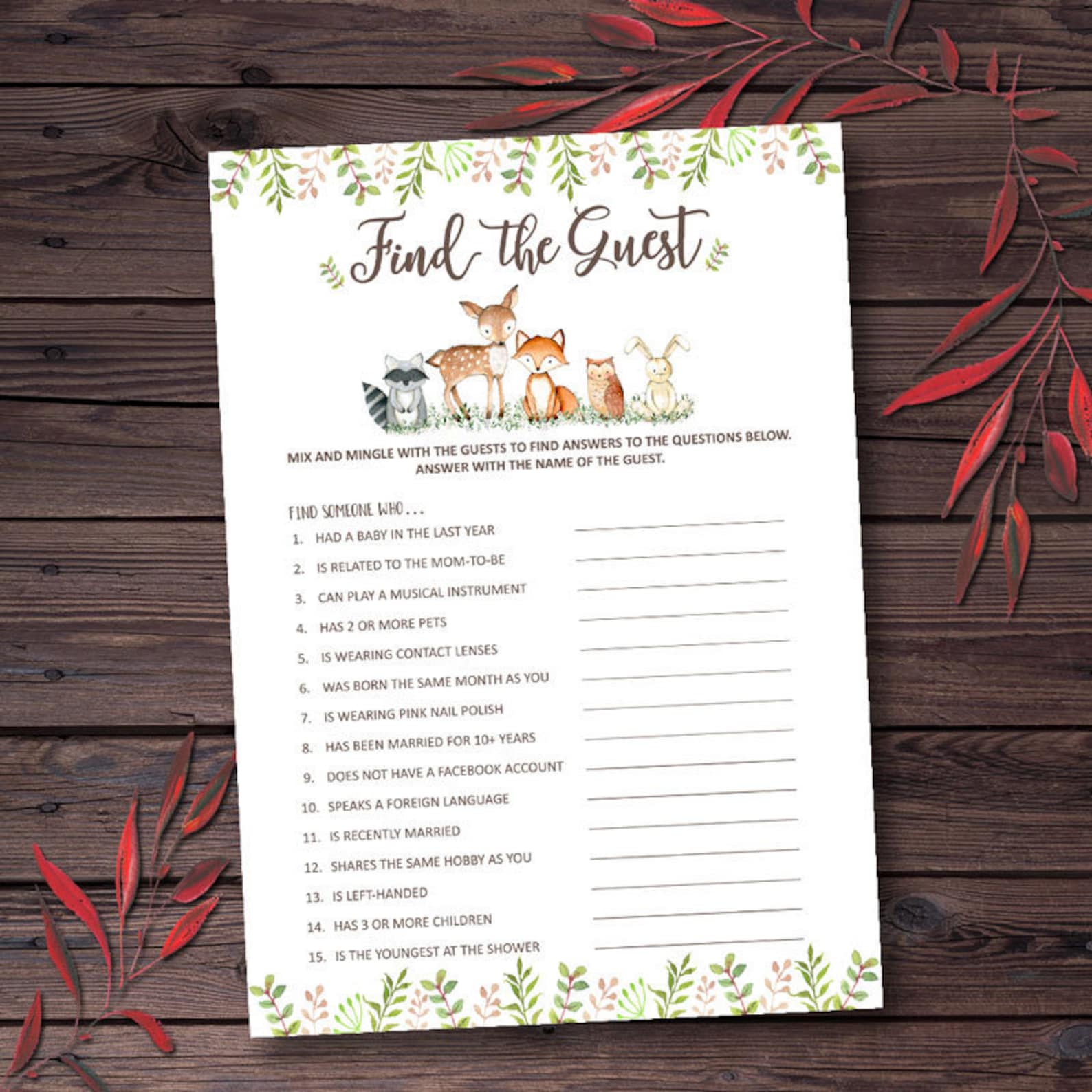 Woodland Baby Shower Games Printable Find The Guest Game Etsy