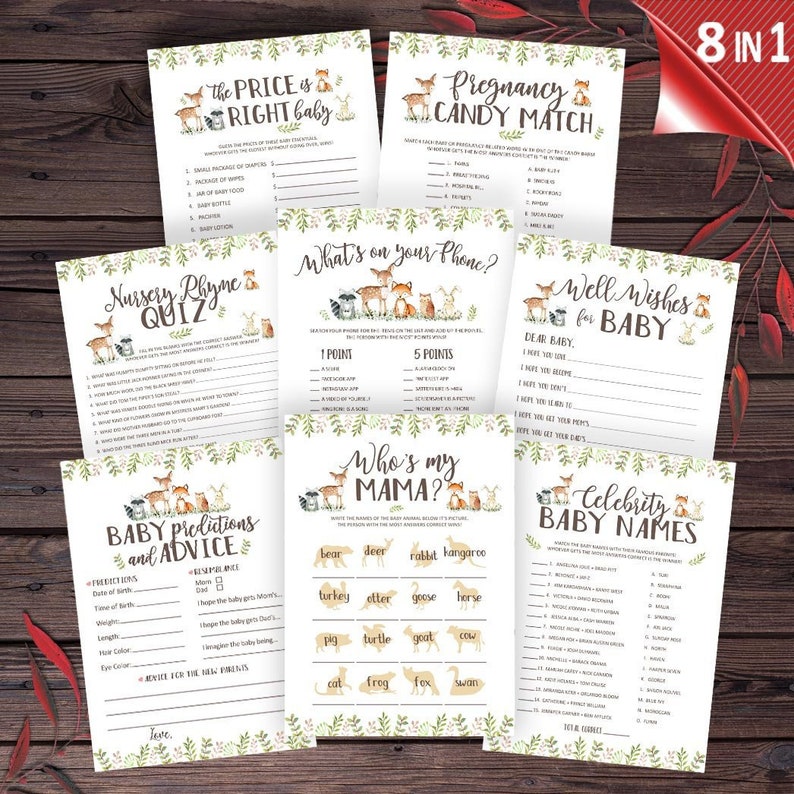 pxb12 Shower Game Package Printable Baby Shower Game Games Set Woodland Animal Baby Shower Games Pack Woodland Baby Shower Games Bundle