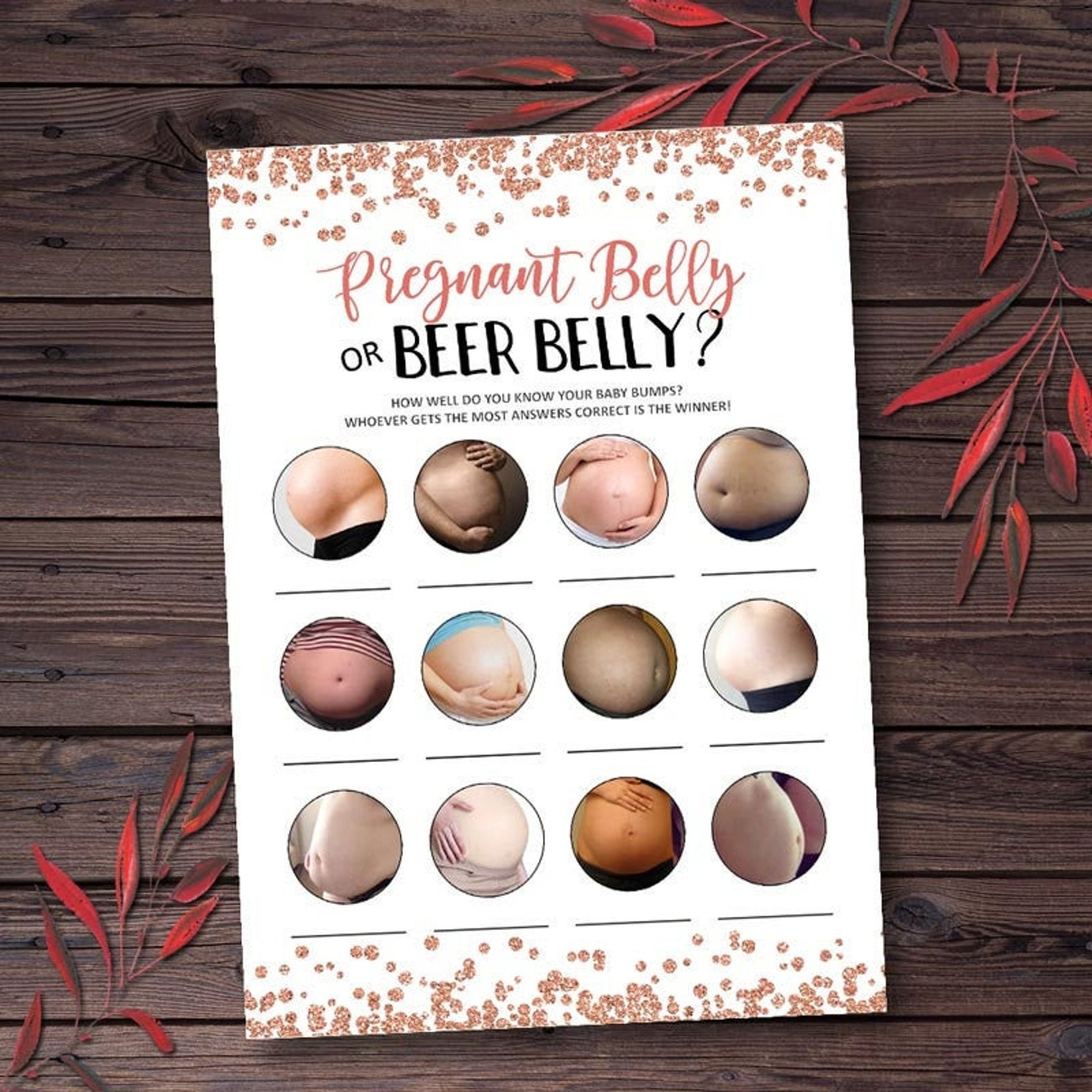 Rose Gold Pregnant or Beer Belly Game Baby Shower Games image 0.