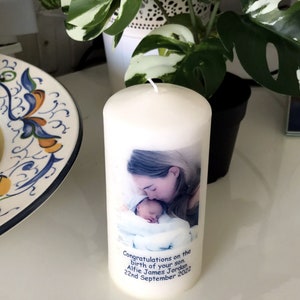 Congratulations on the Birth of the New Baby Personalized Photo Candle for Girl or Boy with message and your own photo
