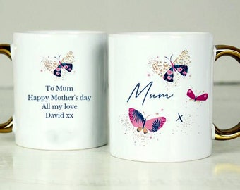 Mother's Day Gold handle Mug Personalized Gift Butterfly Design Keepsake