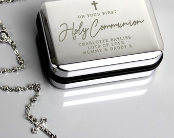 1st Holy Communion Personalized gift Cross Trinket box & Rosary Beads keepsake