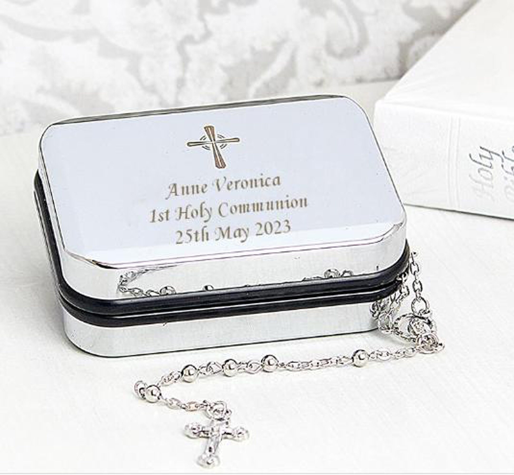 Rosary Beads & Silver Cross Box Personalized Gift Communion ...
