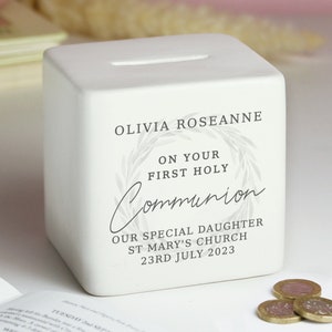 1st HOLY COMMUNION Personalised Gift Ceramic Square Money Box gorgeous commemorative gift