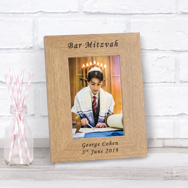 Bar Mitzvah Wood Photo Frame 6" x 4" Personalized gift with Engraved words