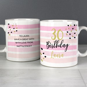 Personalized Birthday MUG Pink & Gold Stripe with ANY AGE and with your own message