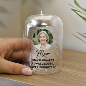 Personalized Photo Memorial Feather Tealight Holder in loving memory of a loved one
