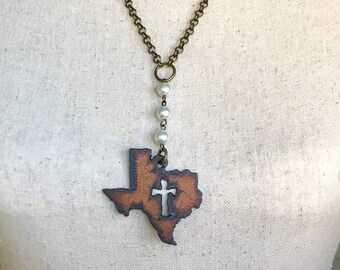 Texas State Necklace with Cross Cutout, Christian Jewelry, Pastors Wife Gift, Church Gift, Sunday Jewelry, Lone Star Gift Mom or Girlfriend