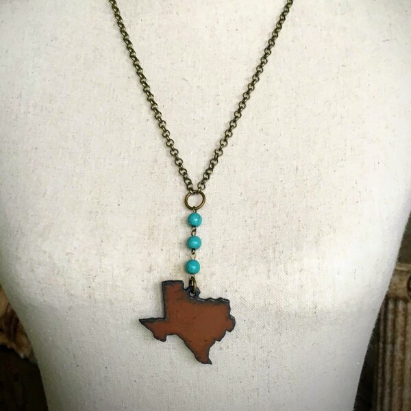 Natural Aged Iron Texas State Necklace with Turquoise Beads, Gift for Lone Star Girl, Women's Jewelry, Dallas, Houston, Austin, Fort Worth