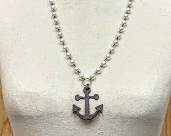 Vintage Inspired Boat Anchor Necklace on Pearl Chain, Nautical Themed Jewelry for Water Lover or Sailor, Gift for New Boat Owner
