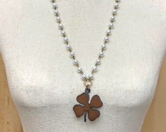 Four Leaf Clover Shamrock Necklace on Pearl Chain, Saint Patrick Day, St Patty's, Lucky Charm Necklace, Irish, 4 Leaf Clover Jewelry Gift