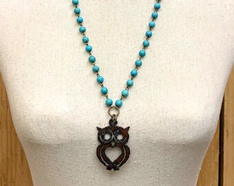 Aged Steel Barn Owl Necklace on Turquoise Chain, Gift for Nature Lover, Barn Owl Boho Jewelry Accessories, Birdwatcher, Walk in the Woods