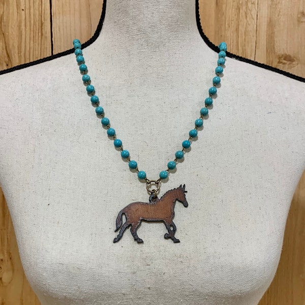 Walking Horse Necklace on Turquoise Chain, Western Equestrian, Horse Lover Gift, Photo Shoot, Country Vintage Accessory, Date Night, Craft