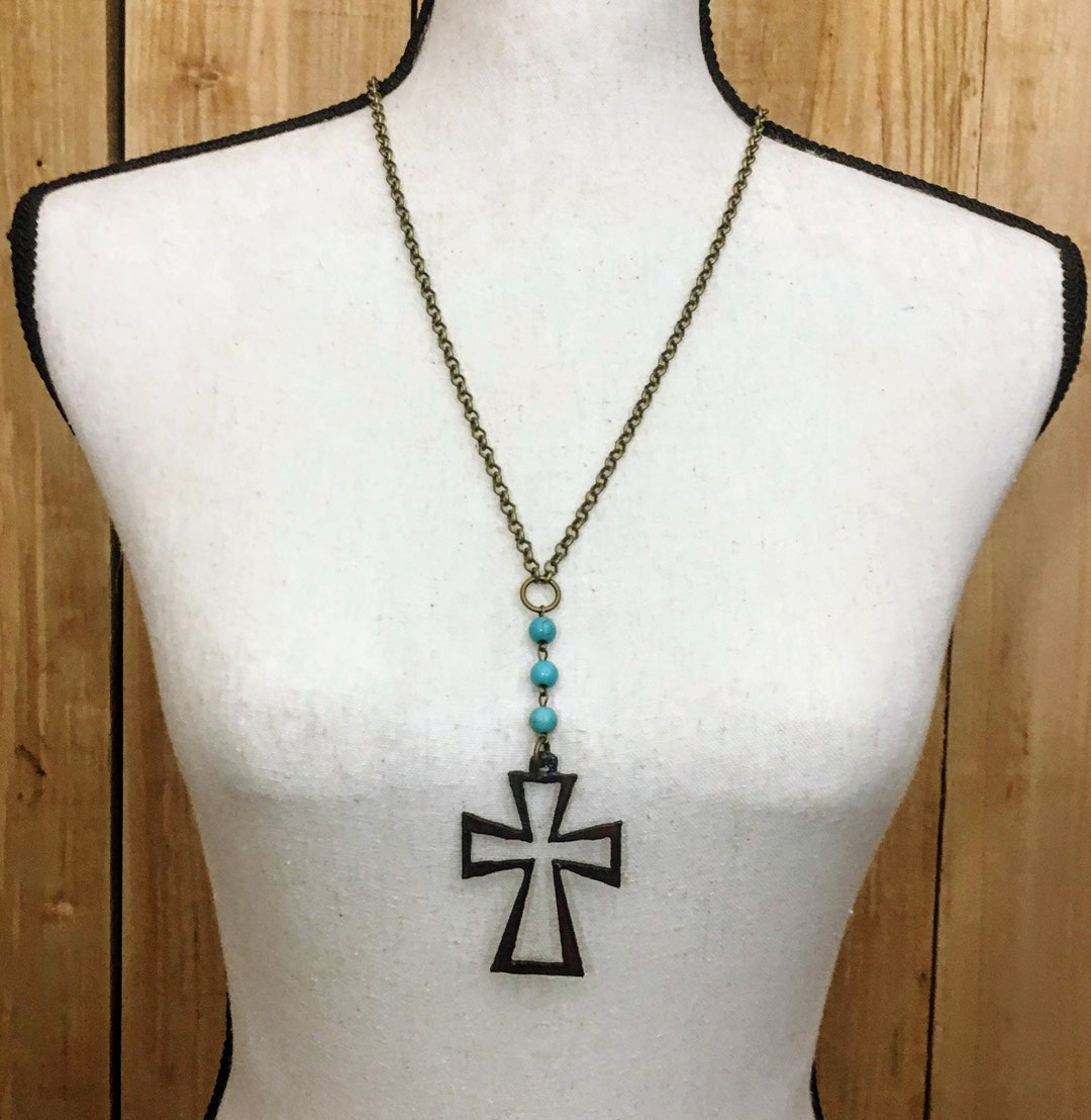 Maltese Iron Cross Outline Necklace With Turquoise, Gift of Faith