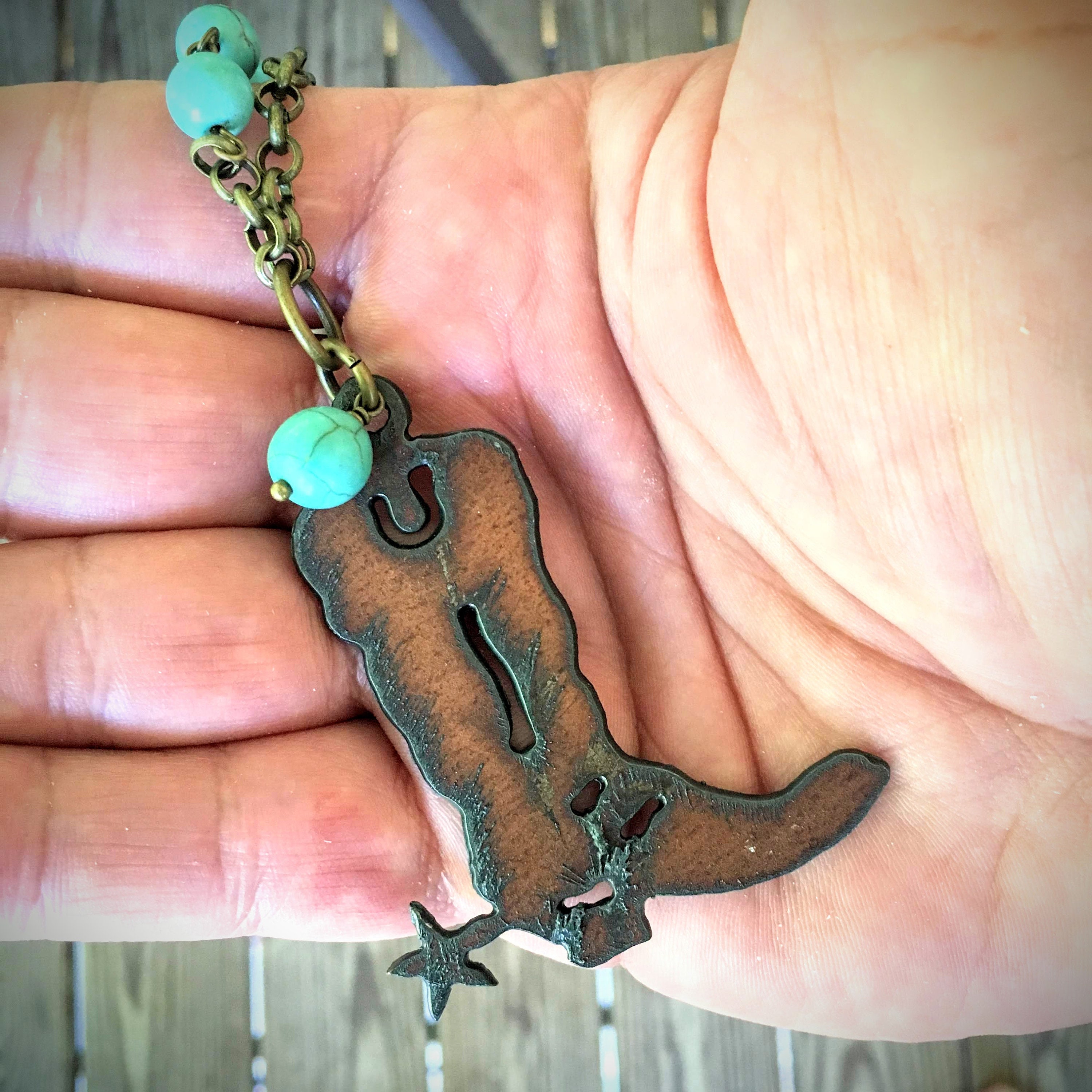 Natural Aged Cowboy Boot Necklace With Turquoise Beads Etsy