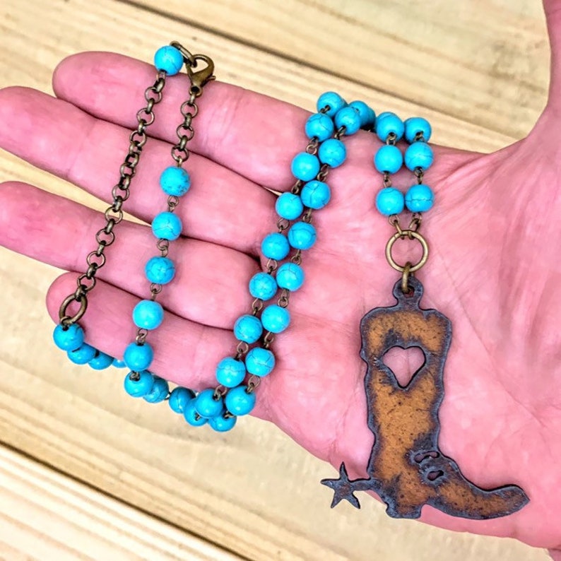 Western Jewelry Gift for Her Cowgirl Boot Necklace with Heart on Turquoise Beaded Chain