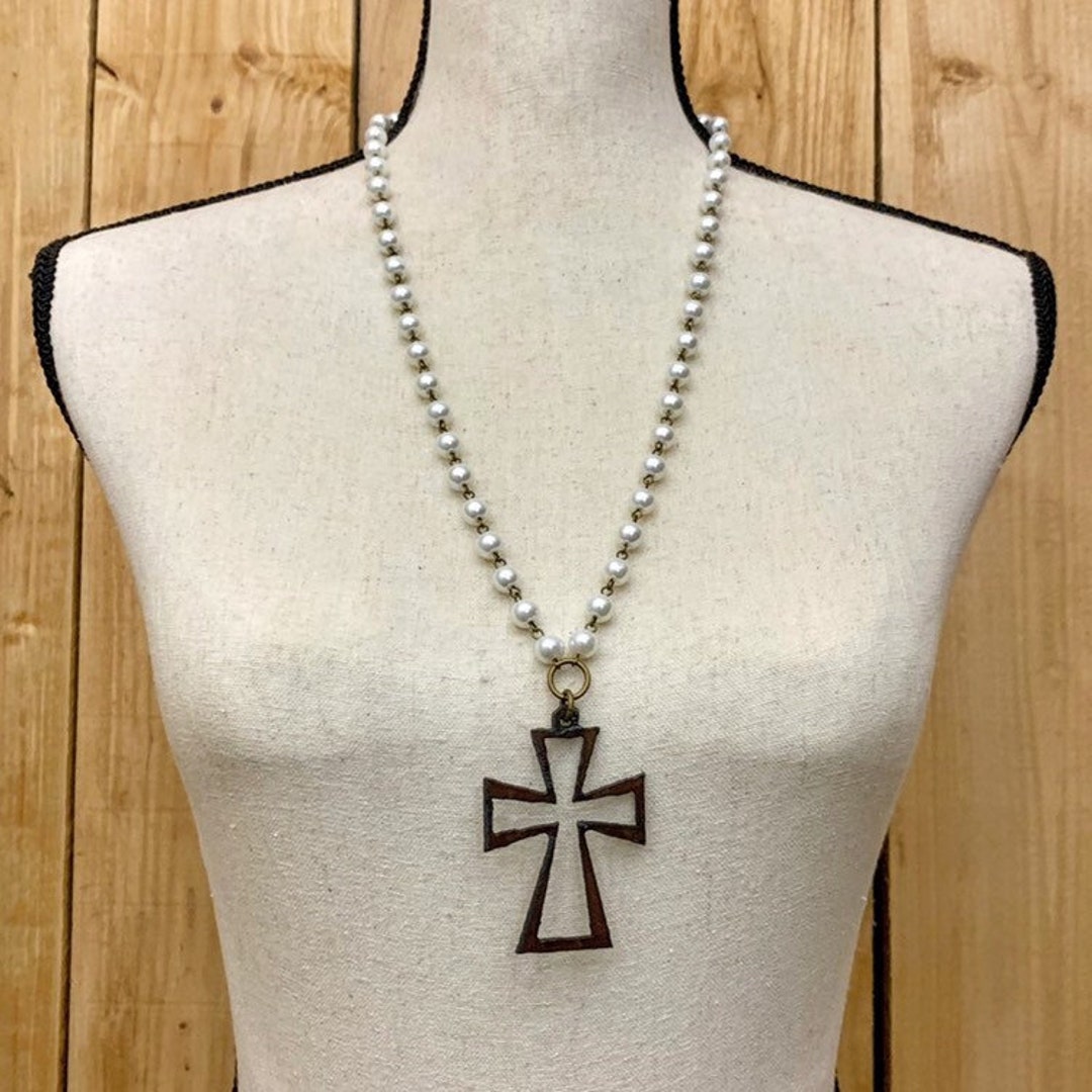 Iron Cross Outline Necklace on Pearl Chain, Maltese Cross, Christian