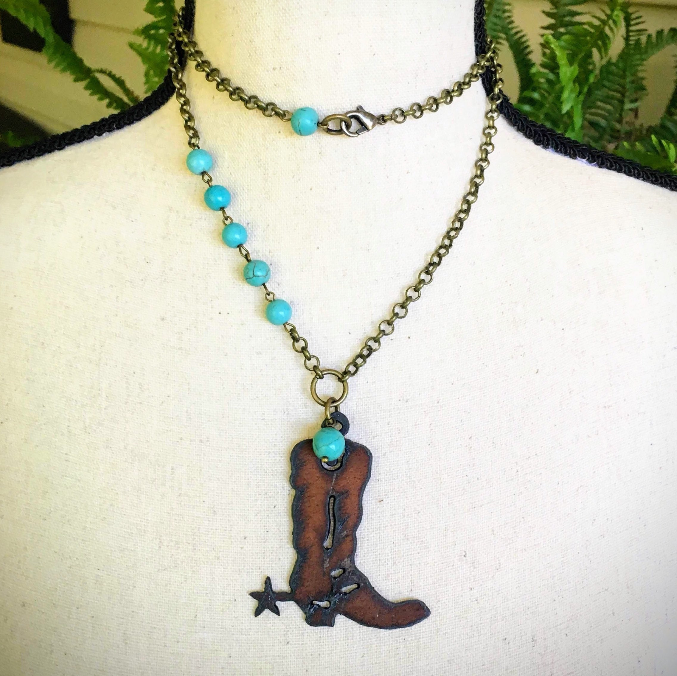 Natural Aged Cowboy Boot Necklace With Turquoise Beads Etsy